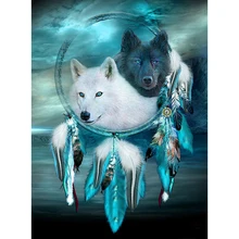 

QIZITENG 5D Diy Diamond Painting Indian Wolf Feather Full Diamond Square Round Rhinestone Animal Mosaic Set Home Decoration Gift