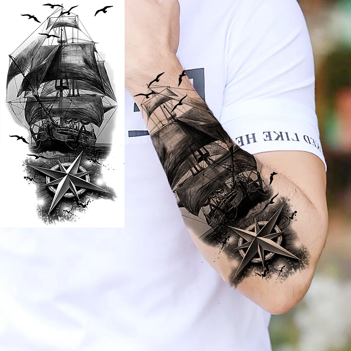 Black Rose Flower Cross Temporary Tattoos For Women Adults Wolf Lion Vampire Compass Pirate Ship Fake Tattoo Sticker Arm Tatoos 3