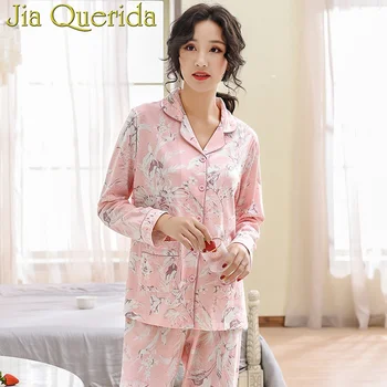 

100% Pure Cotton Floral Print Pink Pajamas Suit Cardigan Top&Long Bottoms Female Leisure Home Clothes Pink Floral Pijamas Women