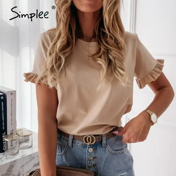 

Simplee casual ruffles short sleeve plus size t shirts women Fashion solid loose t shirt spring summer all-match top ladies 2020