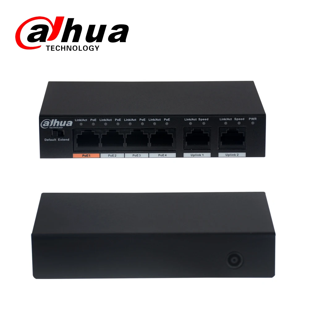 Dahua-interruptor PoE de 4 canales, DH-S1500C-4ET2ET-DPWR, conmutador Ethernet de 4 canales con 250m de potencia, distancia de tránsito, compatible con PoE + y Protocolo Hi-PoE