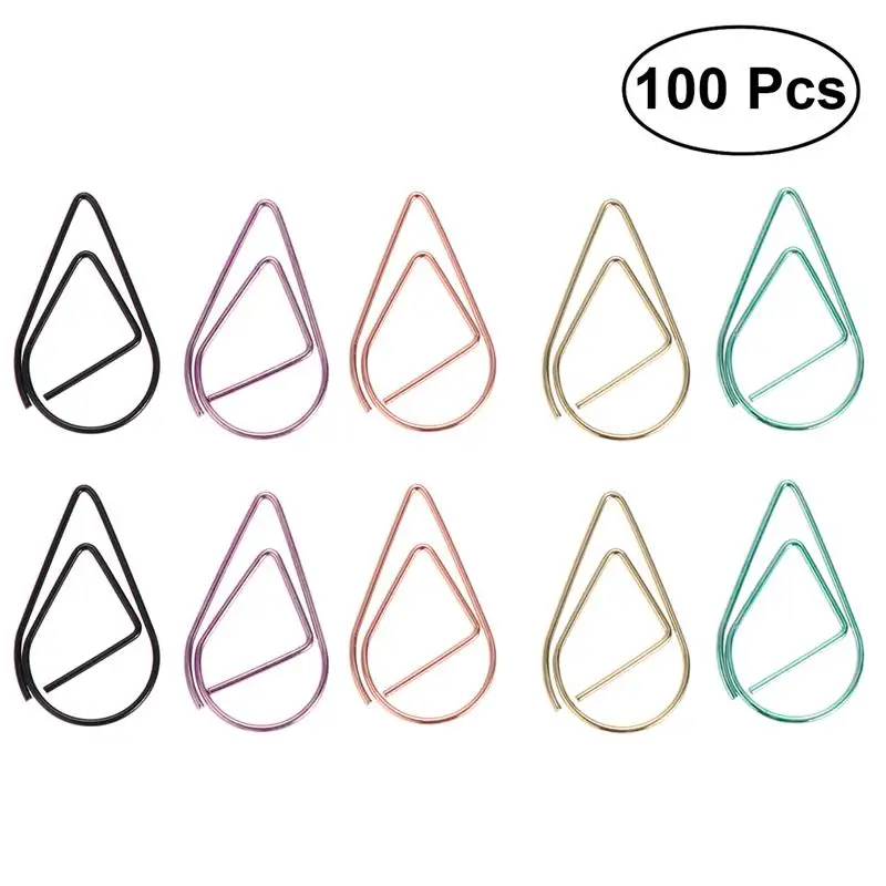 100 Uds Clips de papel en forma de gota de Metal, pequeño creativo libro Clips de nota Clips favoritos para Decoración Oficina (Color al azar)
