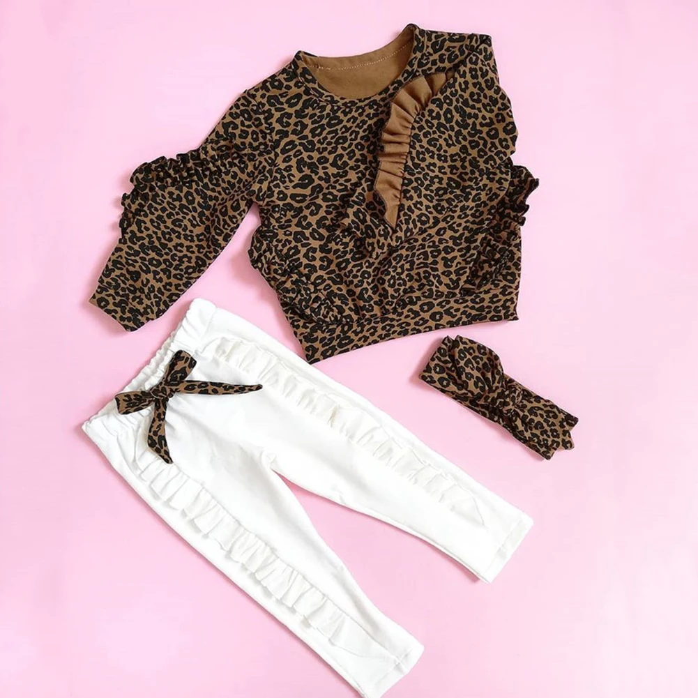 Pudcoco/американский склад, 3 предмета, осенняя одежда для маленьких девочек от 0 до 5 лет топы с леопардовым принтом и оборками, однотонные леггинсы с бантом, штаны, комплект одежды, спортивный костюм