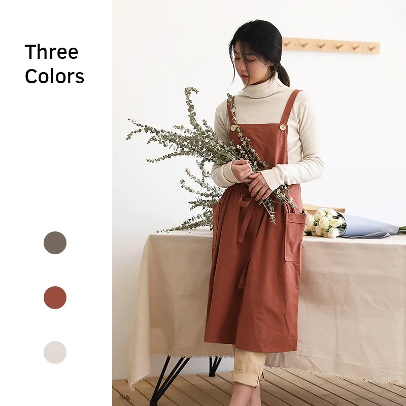 New Cotton Linen Apron For Cooking Baking Flower Shop Ruffles Work Clean Kitchen Aprons for Woman Uniform Lady Dress