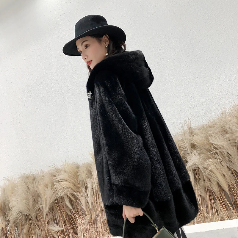 black Новое зимнее Норковое меховое пальто женское с капюшоном маятника волнистые волосы женское меховое пальто 1009 - Цвет: black