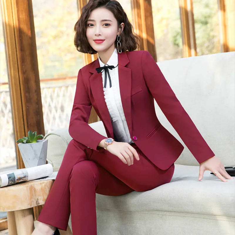 red pant suits Костюм женский брючный костюм женский костюмы женские женский костюм Женские деловые штаны, костюмы, Офисная Леди, комплект из 2 предметов, деловой блейзер для работы, костюм на осень и зиму, Женский Плюс Размер - Цвет: red pant suits