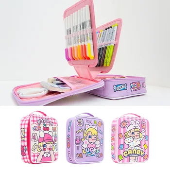 

Colored Pen Pencil Case Cute School Student Stationery Kawaii Large Capacity Pencil Case PU Portable Pen Bag with Compartment