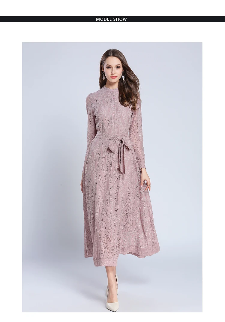 Элегантный Для женщин розовое кружевное платье Maxi Dress Vestidos Mujer Весна с длинным рукавом Длинные вечерние платья халат Vestido Longo K3283