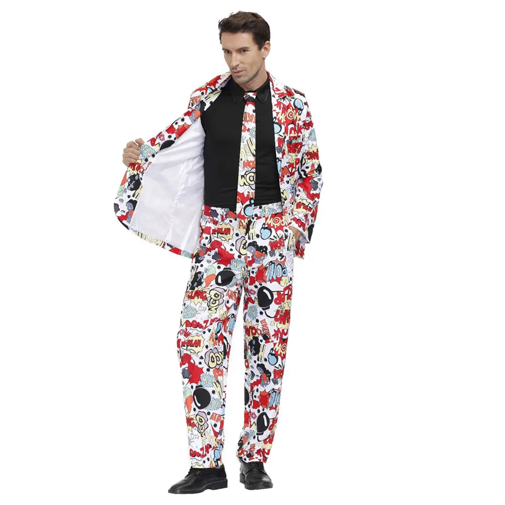 

4Pcs Men 's Retro Hippie Disco Costume Suit Adult Funny Cosplay Clothing Halloween Party Wear