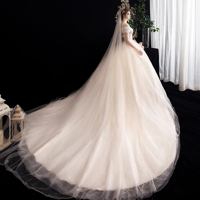 JKM024 Off-shoulder Wedding Dress Temperament Bride Main Yarn Trailing Dream Luxury French Light Hepburn Simple Suknia ślubna 4