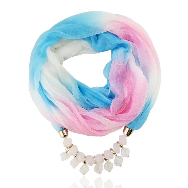 H3a1c0f947c174208b4876f2aaae15faaK Fashion Lady Gradient Color Silk Scarf Ring Simple Bead Pendant Necklace Ring Scarf Multi-style Lady Muslim Head Scarves Hijabs Mallzona