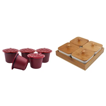 

5Pcs Stainless Steel Filter Coffee Capsules for Nespresso Machines(A) & 1set Ceramic Bamboo Dried Fruit Nut Plate Frame