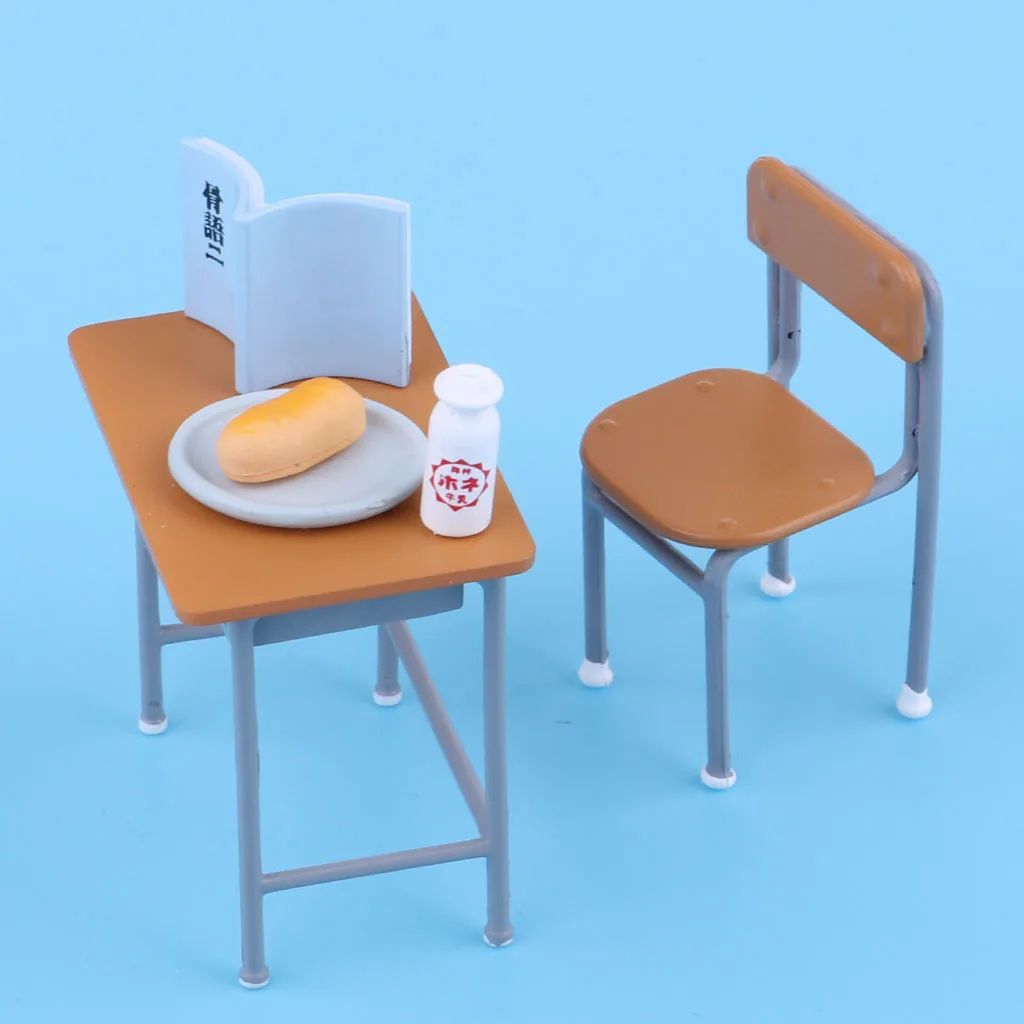 Dollhouse Miniature 6 Pieces School Desk Chair Set Study Room Furniture Model Decor Photography Props