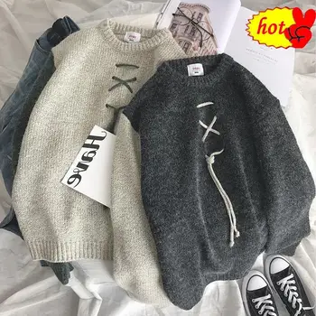 

Sweater Men Winter Warm Fashion Sweter Lace Casual Knit Sweaters Man Streetwear Loose Long-sleeved Pullover Male Clothes