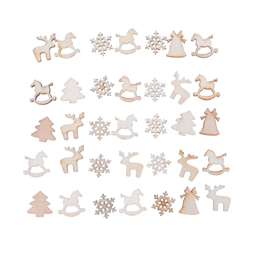 TPXCKz 30Pcs Christmas Tree Pendant DIY Hanging Ornament Making Natural Wood Xmas Reindeer Snowflake Bell Horse Party Decor