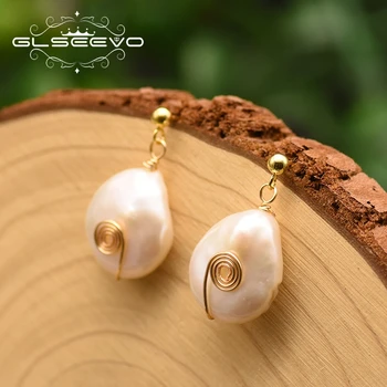 

GLSEEVO Natural Baroque Pearl Minimalist Earrings For Women Girl Lovers' Wedding Party Cute Fine Jewelry Kolczyki Damskie GE0867