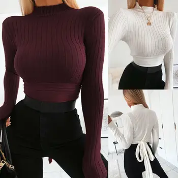 

Korean Vintage Back Tied Red Sweaters Autumn Fashion Slim Mock Neck Long Sleeve Mujer Knitted Stretch Jumper