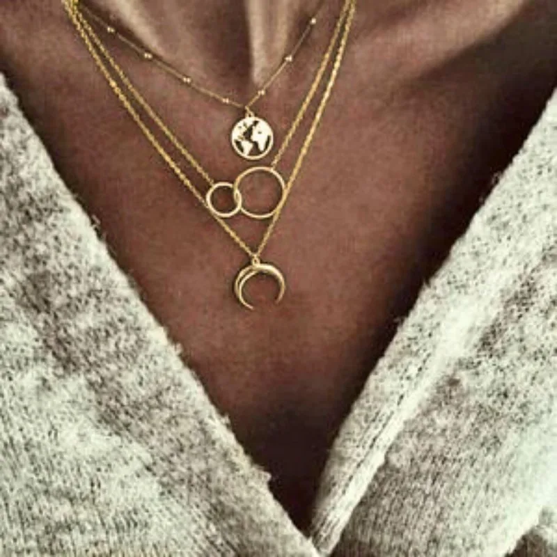 

LISMLISM Necklace Chain Women Necklaces Multilayer Moon Jewelry Lady Silver Color Vintage Personalized Girl Pendant Kpop Collier