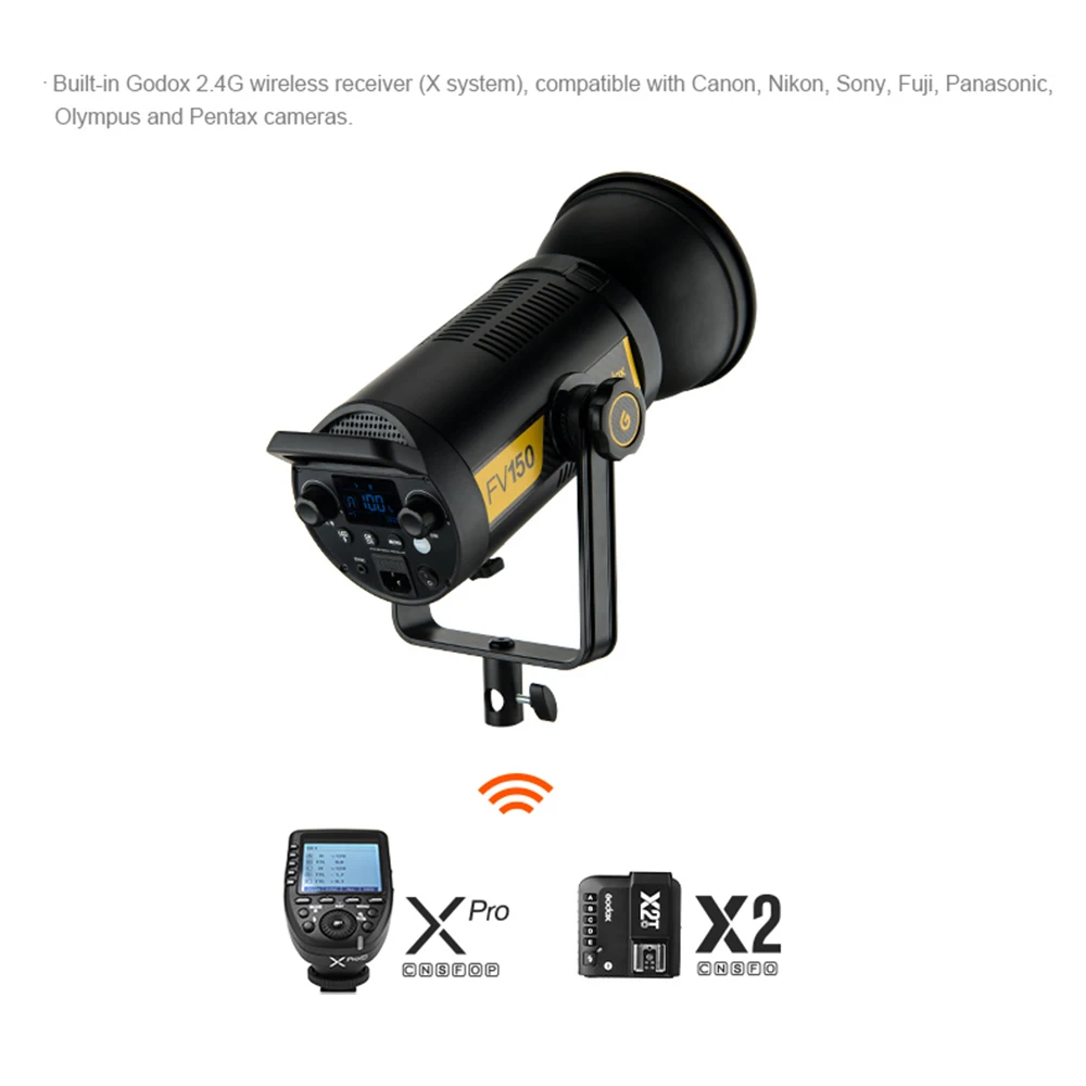 

Предустановленный светодиодный светильник Godox FV150, 150 Вт, Высокоскоростная синхронизация, встроенный беспроводной приемник 2,4G + пульт дистанционного управления