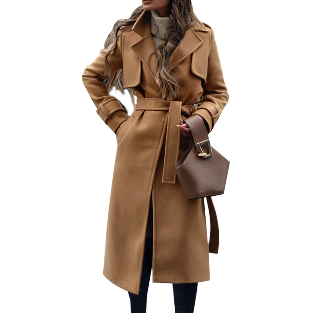 

Women Elegant Wool Coats With Belt Winter Warm Long Coat Fashion Solid Colour Woolen Jacket abrigo mujer Streetwear manteau D25