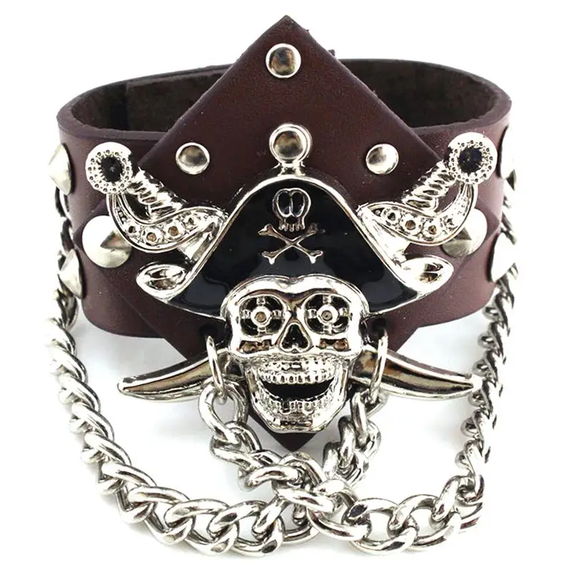 

2019 New Stylish Pirate Skeleton Head Cool Bracelet PU Leather Rivet Chain Punk Bracelet Exquisite Alloy Terrorist Accessories