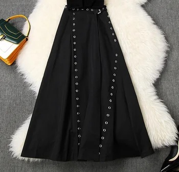 

Women black skirt summer 2020 eyelet hollow out slit a-line high waist long skirt khaki