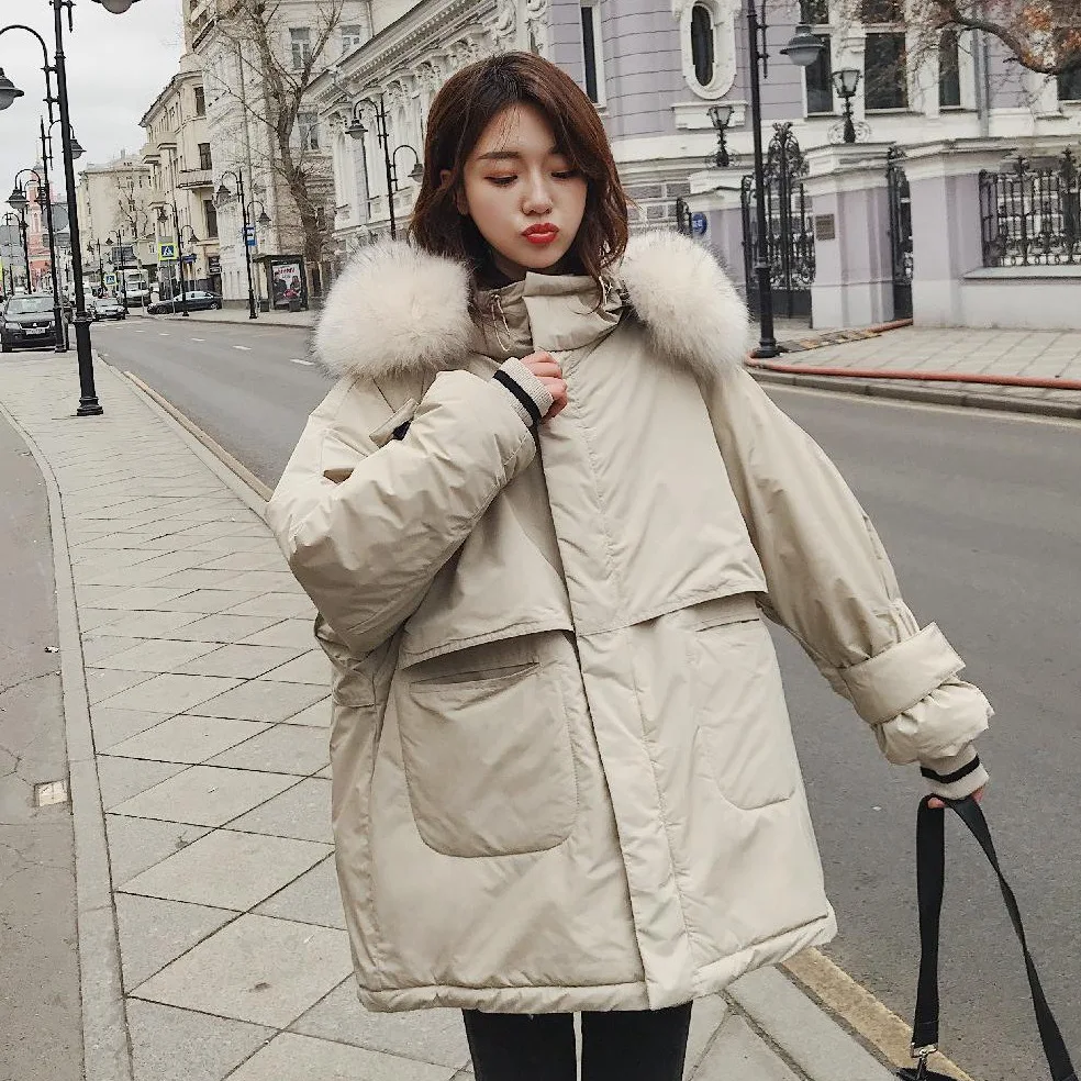 

2019 Chic Solid Color Short Loose-Fit BF Hooded Large Fur Collar Deconstructable Short-height Workwear Cotton Overcoat Women's W