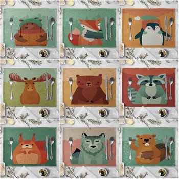 

Cartoon Animal Pattern Table Mat Bear Elk Fox Squirrel Printing Table Napkin Placemat Kitchen Decoration Dining Accessories