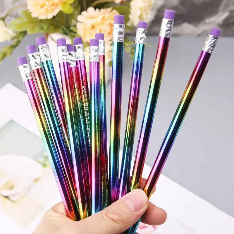 12Pcs Rainbow Pencil Wood Environmental Protection Bright Color HB Drawing Painting Pencils School Office Writing Pen LX9A