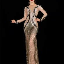 Женское длинное Сетчатое платье с блестящими кристаллами на свадьбу, день рождения, праздник, Прозрачное платье, сценический костюм, танцевальный наряд