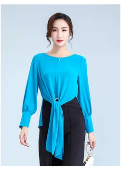 

Spring 2020 new women's clothing irregular solid color medium-length Chiffon shirt round collar without elastic long-sleeve Blou