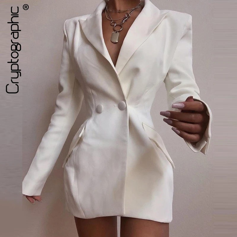 

Cryptographic 2020 Spring Deep V-Neck Blazers Dress Women Solid White Long Sleeve Button Coats and Jackets Mini Dresses Short