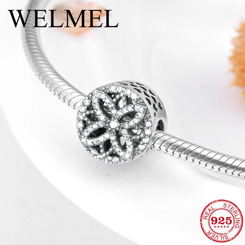 

100% Real 925 Sterling Silver Round Shape charm hollow flower petals diy beads Fit Original Pandora Charms Bracelet Jewelry