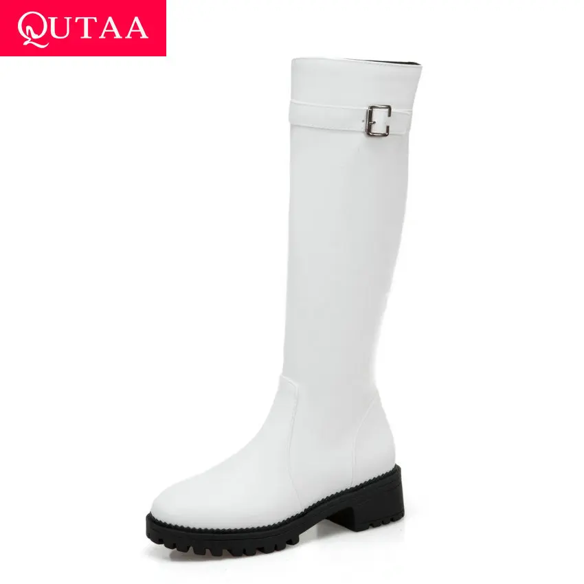 

QUTAA 2020 PU Leather Antiskid Fashion Knee High Boots Square Middle Heel Round Toe Buckle Zipper Winter Women Shoes Size 34-43