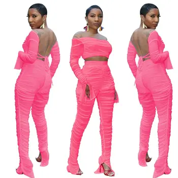 

Women Sexy Transparent Mesh Sets Long Sleeve Slash Neck Backless Crop Top Pencil Pants Suit Pleated Solid Outfits