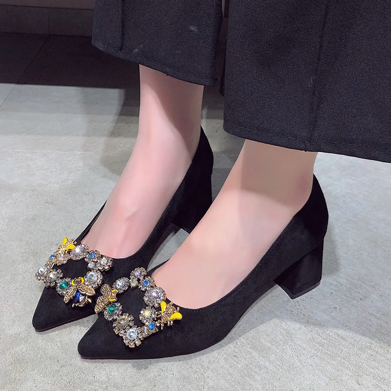 

2019 Spring Chunky Heel Pointed-Toe Suede Worry about Women's Metal Man-made Diamond Square Buckle Low-top Shoes Semi-high Heele