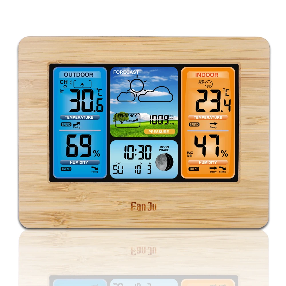 FanJu, цифровой термометр, гигрометр, метеостанция, беспроводной датчик, погода, температура, часы, настенный стол, будильник