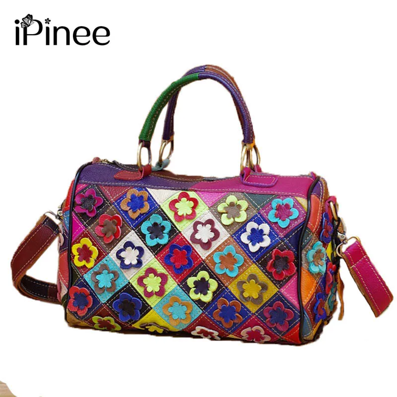 

iPinee Hand-made Applique Colorful Women Messenger Bags Genuine Leather Crossbody Cowhide Handbags Brand Fashion