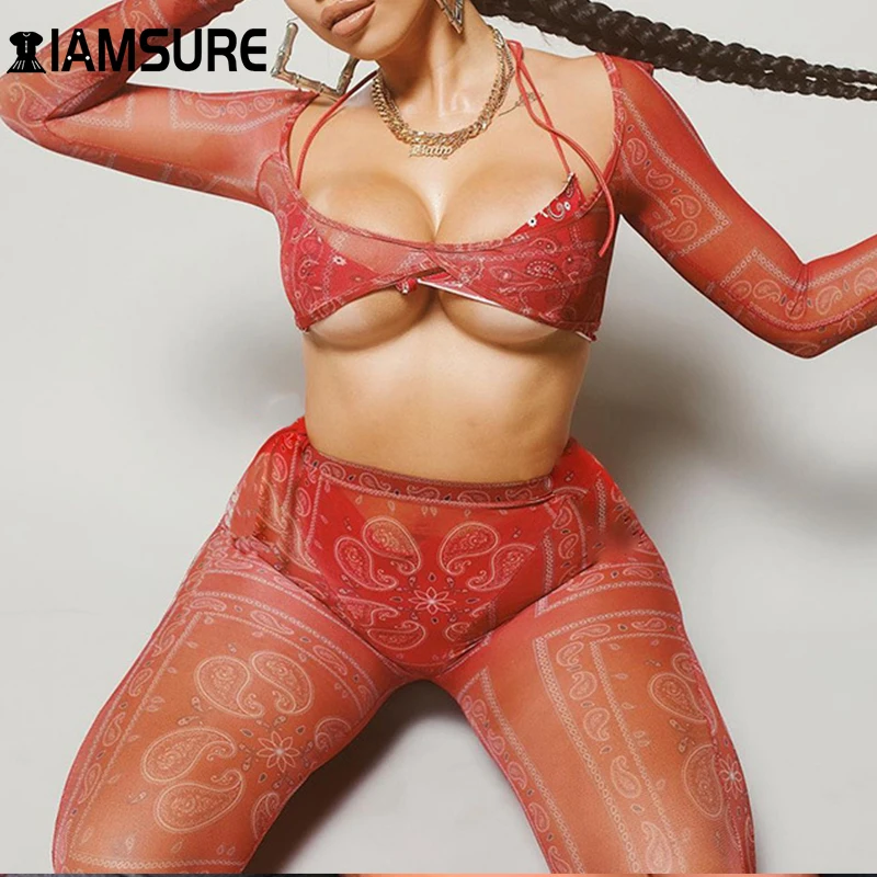 

IAMSURE 2020 Sexy Fashion Vintage Print Slim See Through High Waisted Skinny Trousers Women Elegant Lady Red Elastic Waist Pants