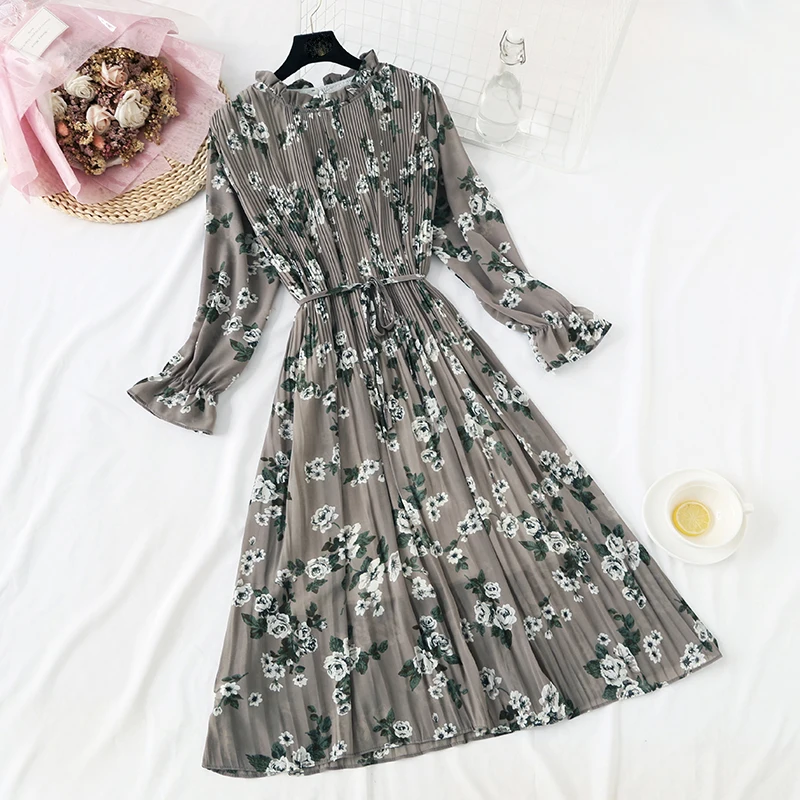 

Plus size Chiffon Shirt Vestidos Office Polka Dot Vintage Autumn Dresses Women Spring Dress Midi Floral Long Sleeve Dress Female