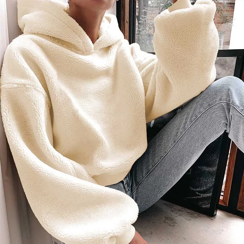  Nadafair Shaggy Long Sleeve Oversized Hoodie Winter Plush Pullover Sweatshirt Faux Fur Fluffly Hood