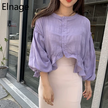 

Elnage Korean 2020 Spring Clothing for Women Elegant Slim Fit Solid Blouse Lantern Long Sleeve Shirts Purple Short Tops 5A378