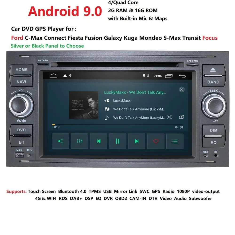 Excellent 7"IPS Touch Screen Android 9.0 Car DVD Player For Ford Focus Transit Kuga Wifi Wifi 3G GPS Radio Steering wheel Free Camera+DVR 1