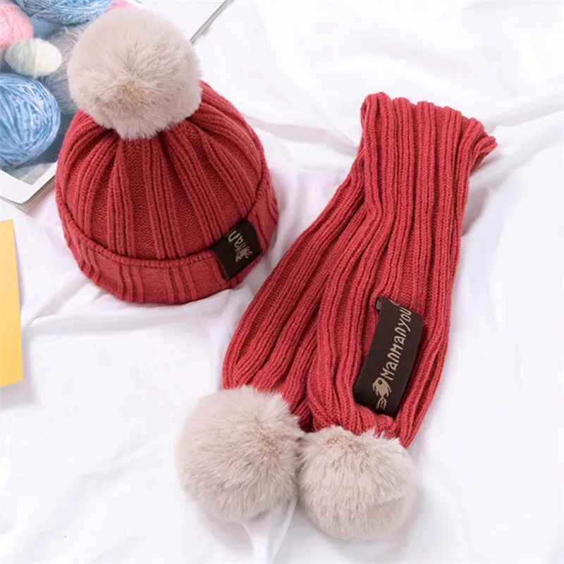 Orange Red 2 Pcs Set Kids Winter Warm Hat And Scarf Child Ribbed Knitted Pom Pom Cap Scarves 2 Piece Set Baby Girl Boys Accessories 6-36 month - Цвет: Orange Red 2 Pcs Set