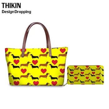 

THIKIN Dachshund Dog Print 2pcs Women's Bag Set Causal Long Wallet PU Leather Purses Ladies Travel Card Holder Cases&Handbags