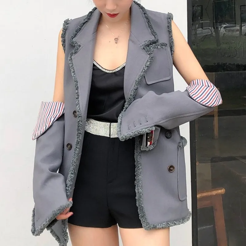 

New Designer Women Sleeve Separated Waistcoat Sexy Blazer Vest Tassel Double Breasted Chalecos Para Mujer Long Gothic Gilet Coat