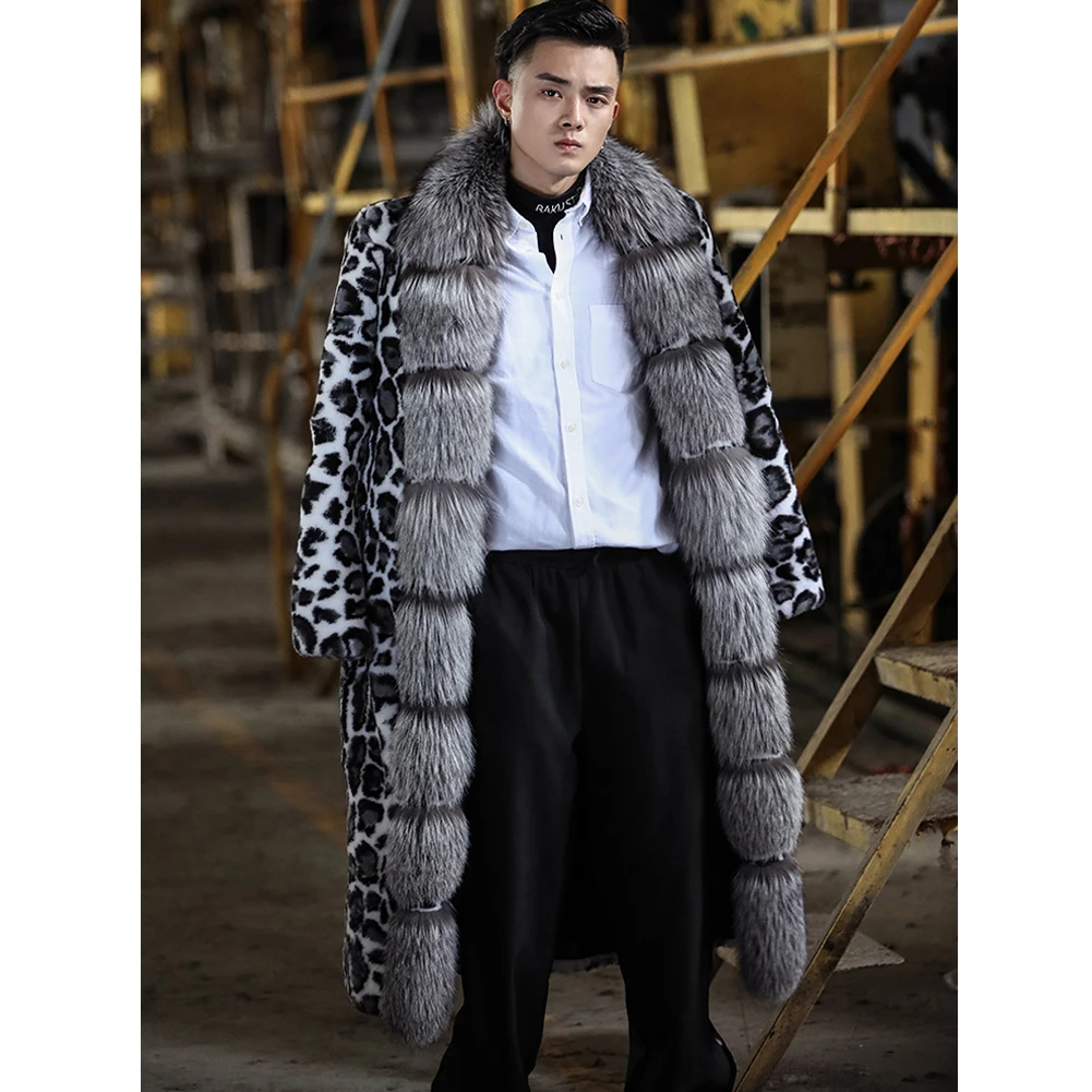 Новое мужское пальто с кроличьим мехом модное длинное пальто с лисьим мехом леопардовая Меховая куртка толстые теплые мужские зимние пальто