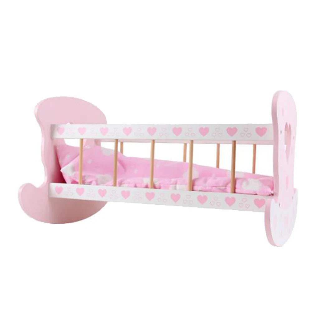 Wooden Girl Toy Rocking Cradle For Baby Dolls With Pillow Blanket for Kids Role Play Game Early Educational Toy