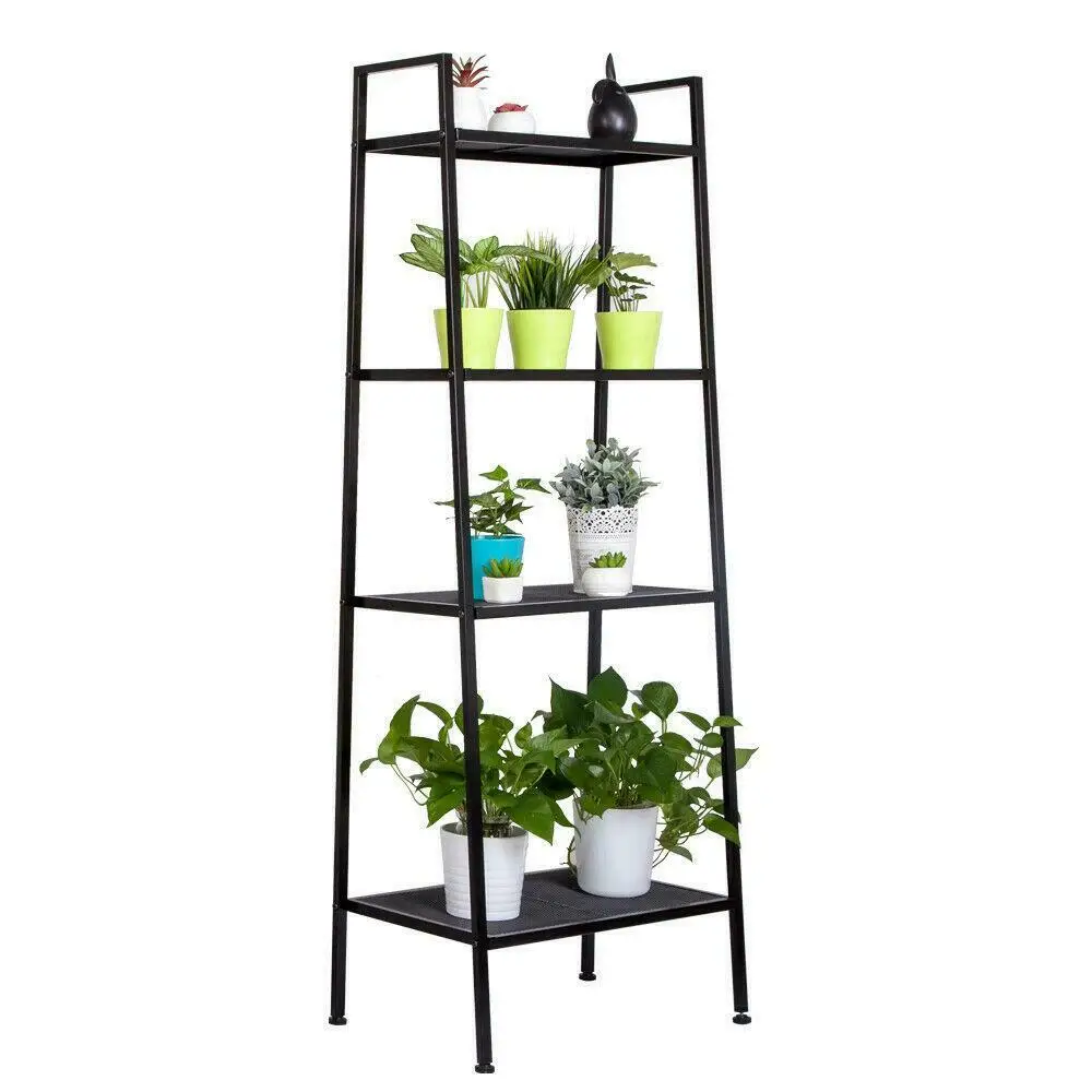 4 Tiers Metal Leaning Ladder Shelf Bookcase Bookshelf Storage Shelves Black US