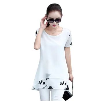 

Women Clothing Chiffon Blouse Loose Short Sleeve Embroidery Flower Print Patchwork Tops Shirts Rk